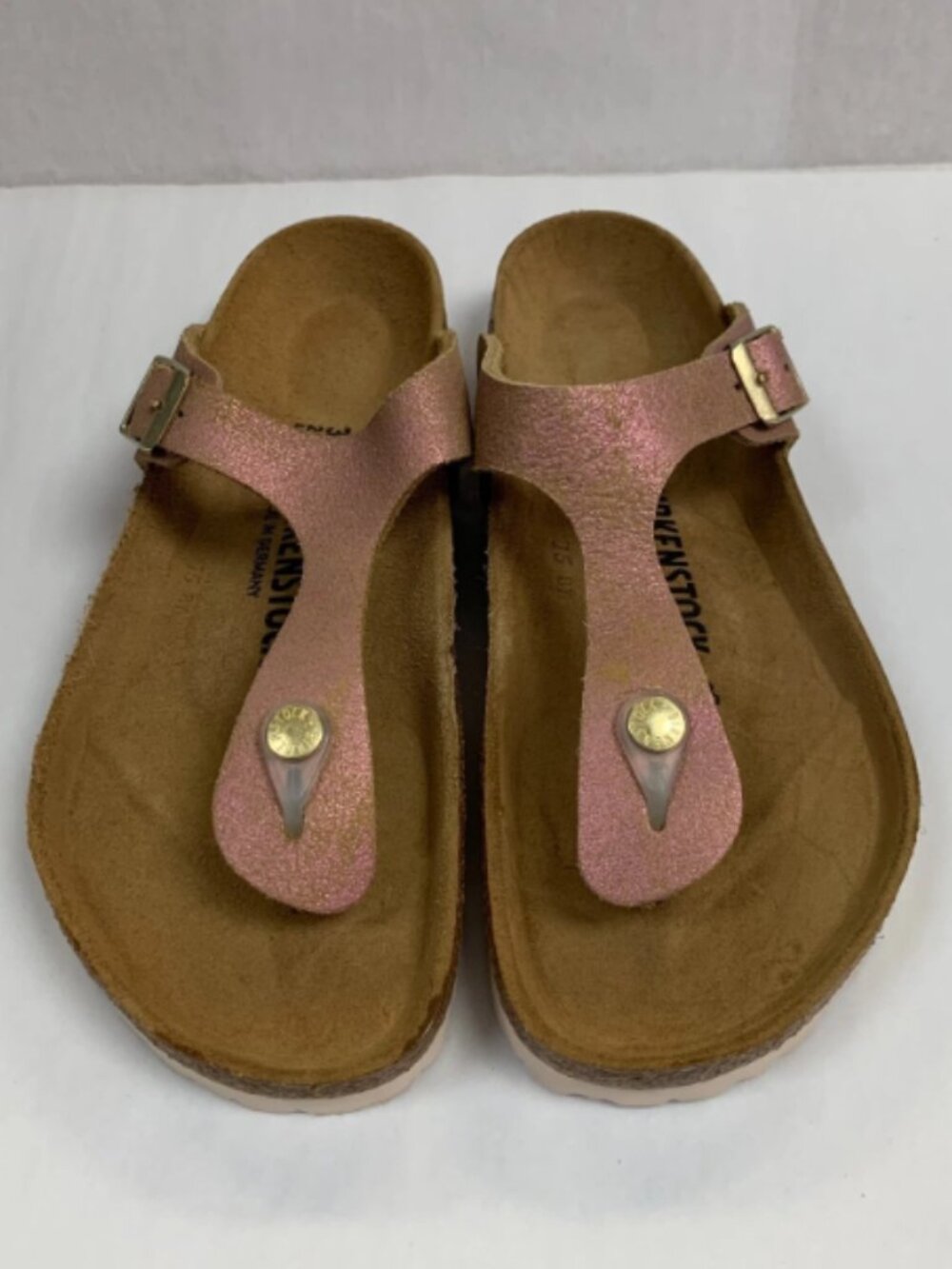 Birkenstock Gizeh Washed Metallic Pink Suede Leather Narrow Width Sandals